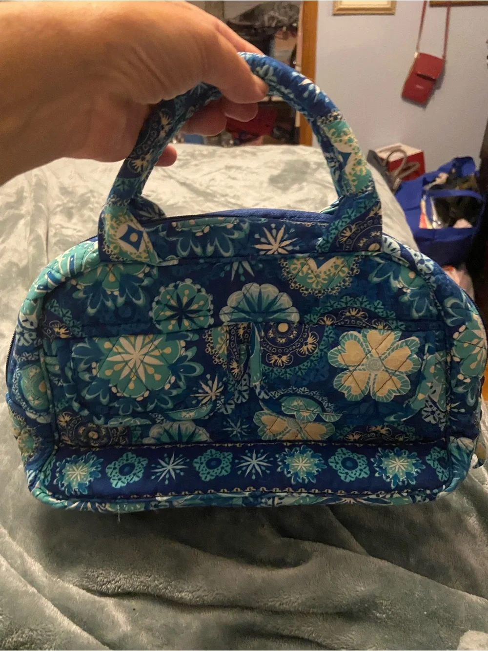 Blue Floral Quilted Cosmetic Bag with Top Handle